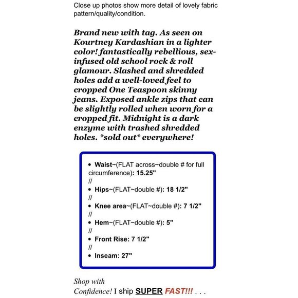 One Teaspoon Sz 26 Trashed Freebirds Crop Denim Jeans Skinny Dark Blue Women NWT - Picture 3 of 12